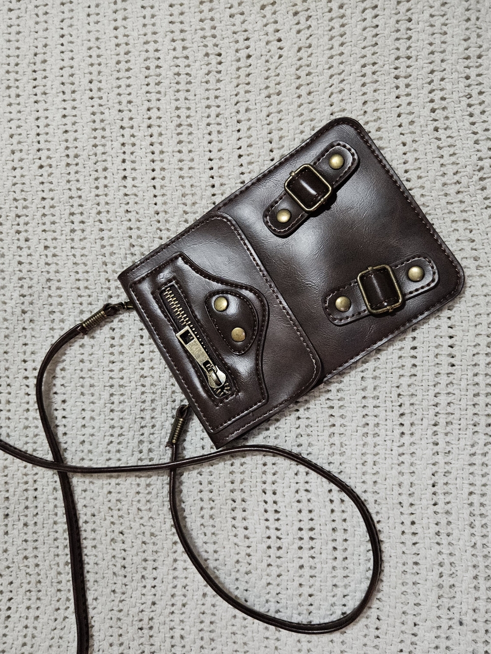 Dark Brown Leather Crossbody Bag with Buckle Accent